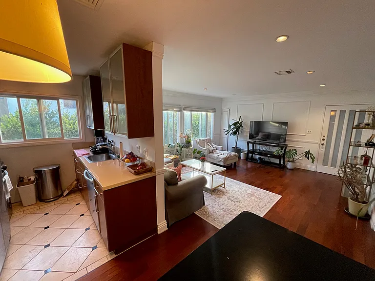 Kitchen off living room and dining area