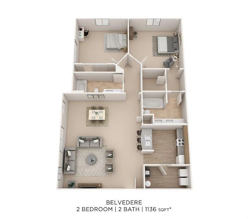 Floor plan Two Bedroom 2 Bath- 1136 sqft