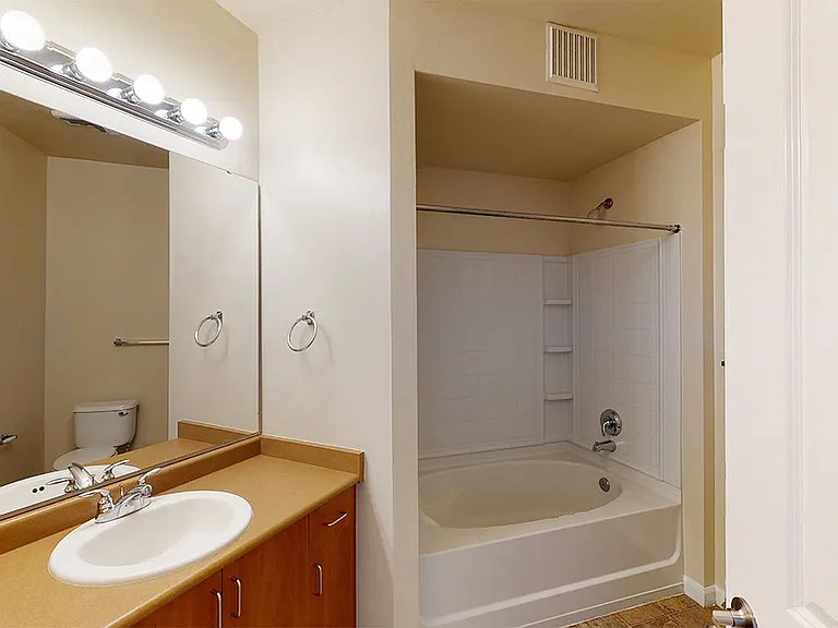 Apartment bathroom with large soaking tub and wood-style flooring.