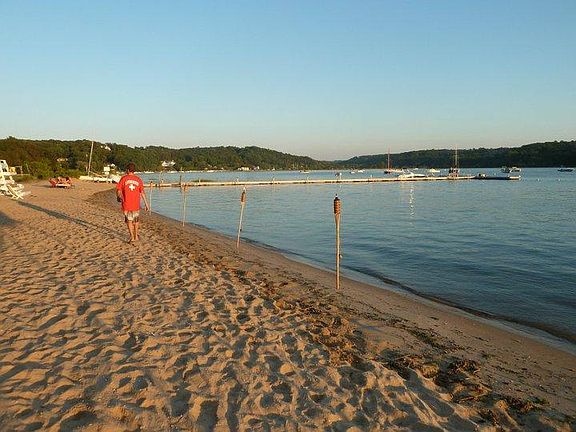 Eagle Dock Beach with moorings and kayak storage