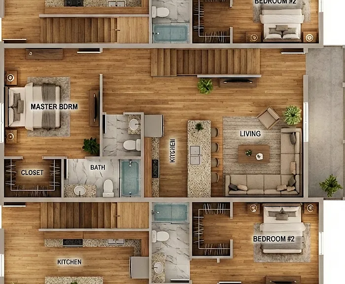 This is a floor plan of the ENTIRE building on the first floor. The two exterior units consist of 5 Bedrooms and 5 Bathrooms.