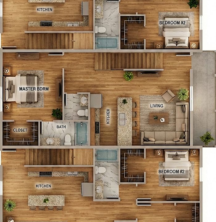 This is a floor plan of the ENTIRE building on the first floor. The two exterior units consist of 5 Bedrooms and 5 Bathrooms.
