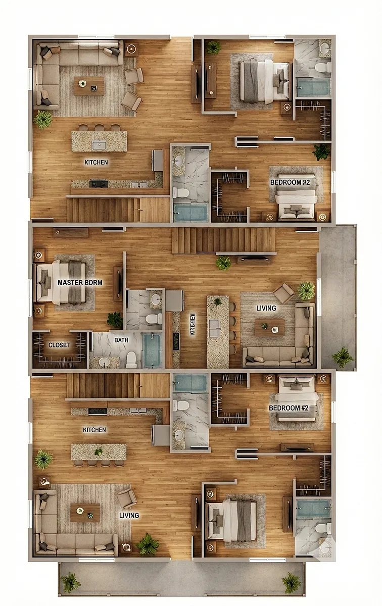 This is a floor plan of the ENTIRE building on the first floor. The two exterior units consist of 5 Bedrooms and 5 Bathrooms. - 200 E 17th St