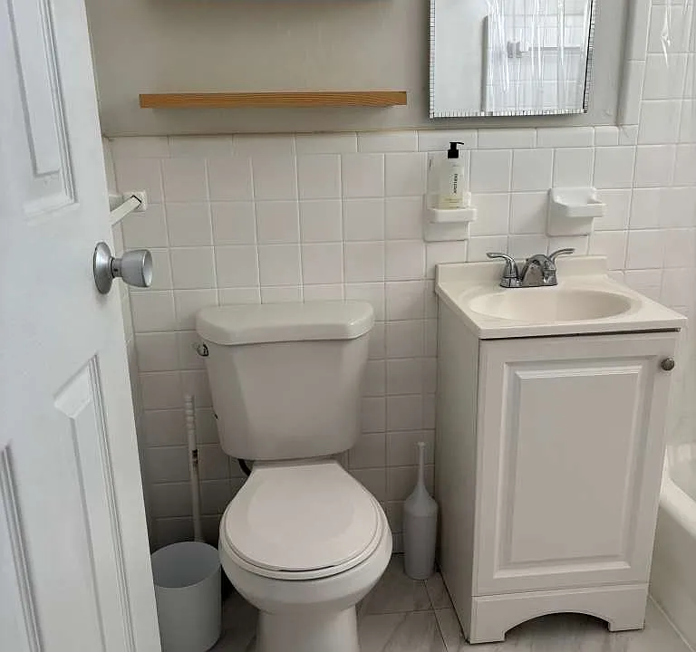 Clean, updated bathroom with modern finishes and shelving storage.