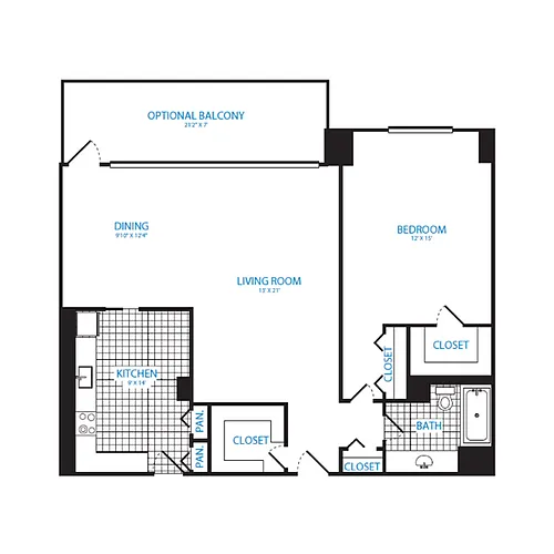 Floor plan 1 Bedroom, 1 Bath 960 SF A12