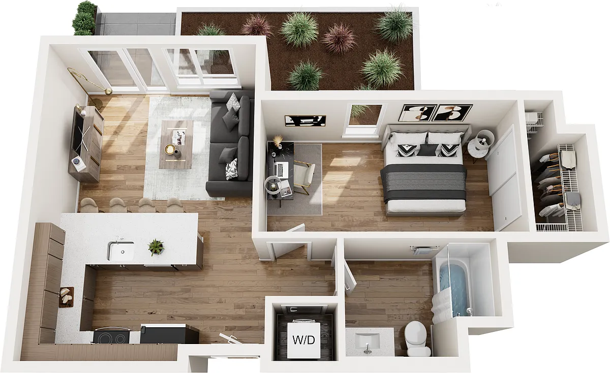Floor plan One Bed One Bath Courtyard Patio M18C