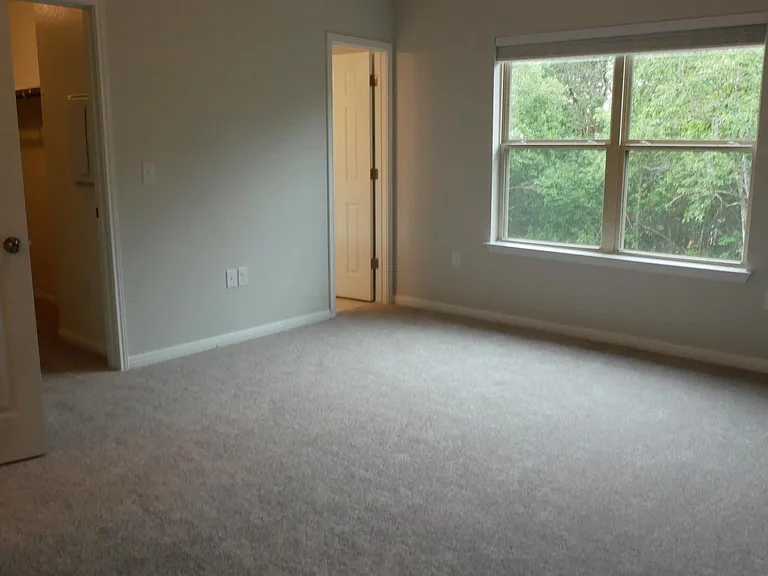 Master with vaulted ceiling, ensuite bathroom (door pictured), walk-in closet, and large window with tree lined view