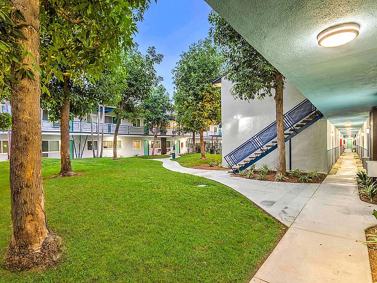 The Island Apartments courtyard grass lawn and pathway