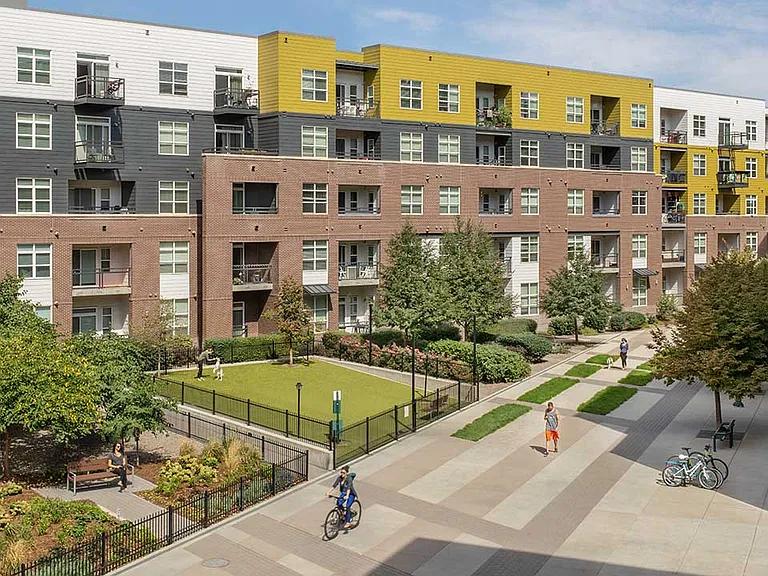 Apartment community off-leash dog park at Griffis Union Station in Denver, Colorado..