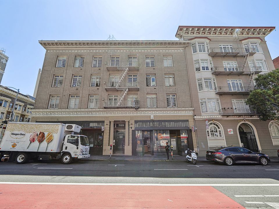 Front exterior view of the apartment building at 709 Geary St, San Francisco, CA 94109, United States