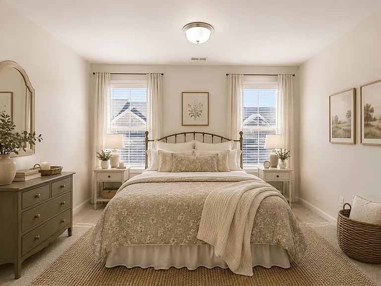 Guest bedroom featuring a queen bed with natural lighting.
