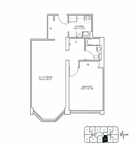 Floor plan RIVERSIDE - 1 Bedroom One Bathroom