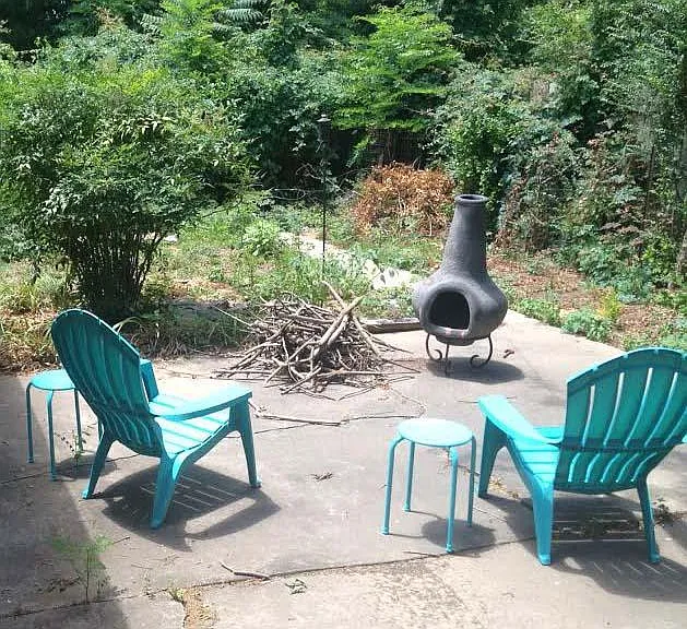 Backyard with patio and multiple garden areas