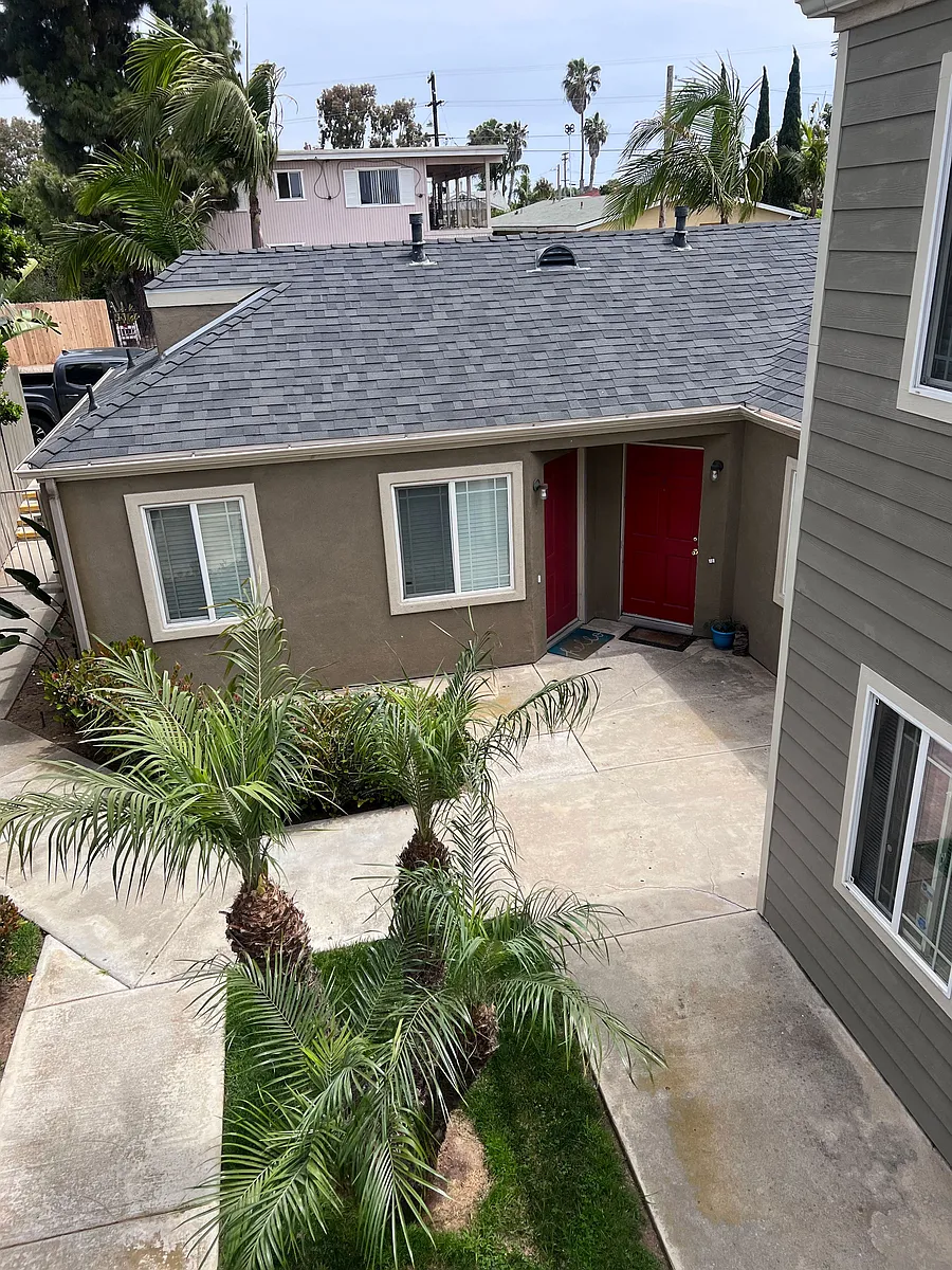 Overhead view of back landscaping at Dubuque Apartments in Oceanside. - 1436 Dubuque St