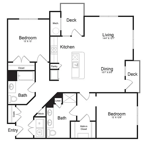 Floor plan Two Bedroom Two Bath (1280 SF)