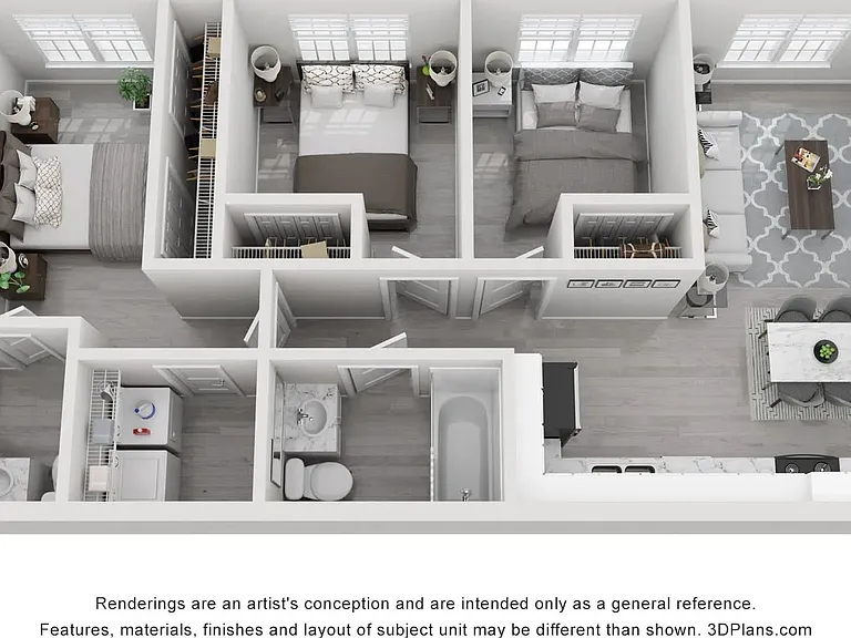 A 3D rendering of The Dreher, our 3 bedroom 2 bathroom floor plan