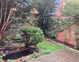 Backyard with raised deck and pond