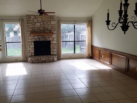 View from kitchen of living room and dining area