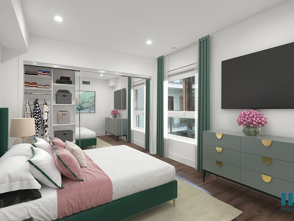 Bedroom with Vinyl Flooring, Large-Size Windows, and Mirrored Closet with Shelving
