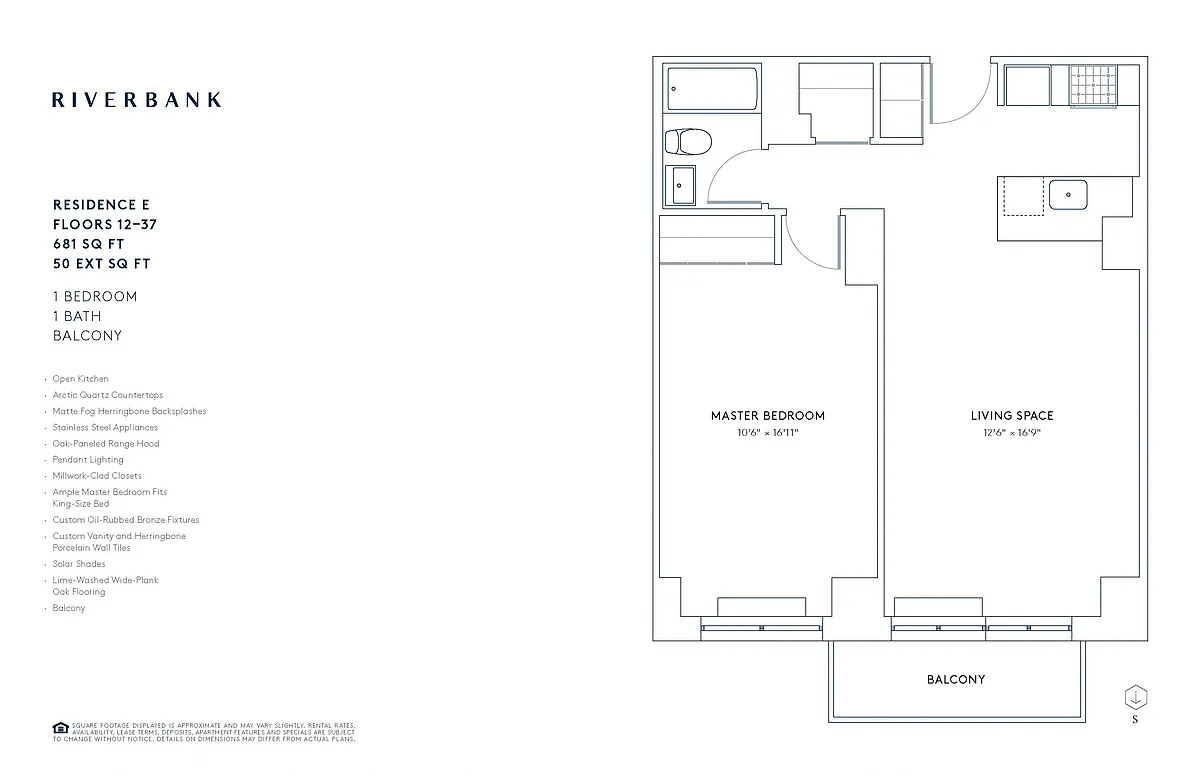 Floor plan E Line Floors 3-37 (1 Bed )