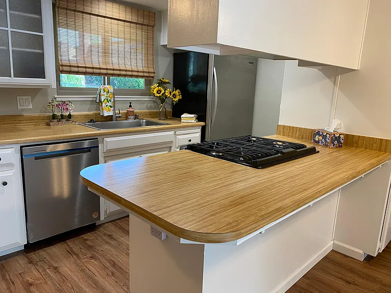 Galley kitchen with year old gas stove, brand new sink, faucet and garbage disposal with retractable bamboo blind and brand new stainless steel dishwasher. Large capacity Kitchensin refer with bottom freezer drawer and ice maker_