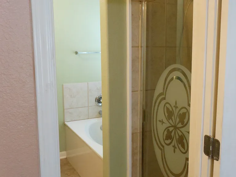 Primary bath with separate tiled shower and garden tub next to each other.