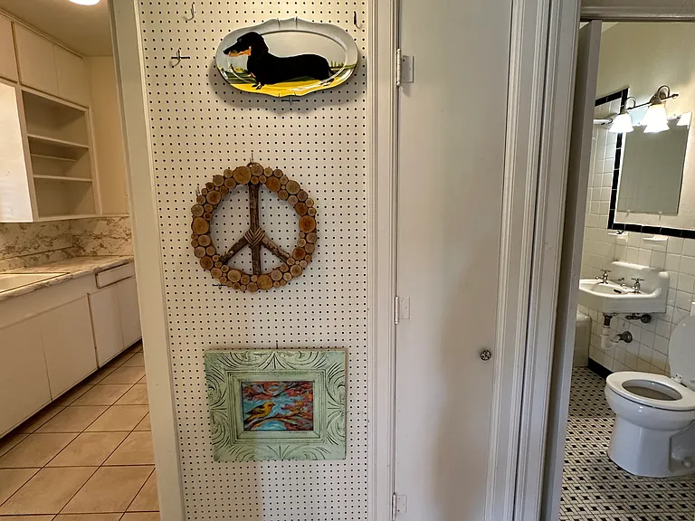 Kitchen on left and bathroom on right