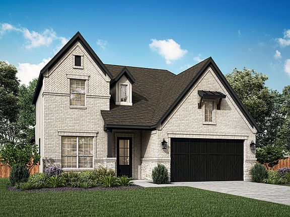Rendering of the Jordan with professional front yard landscaping and a two-car garage.