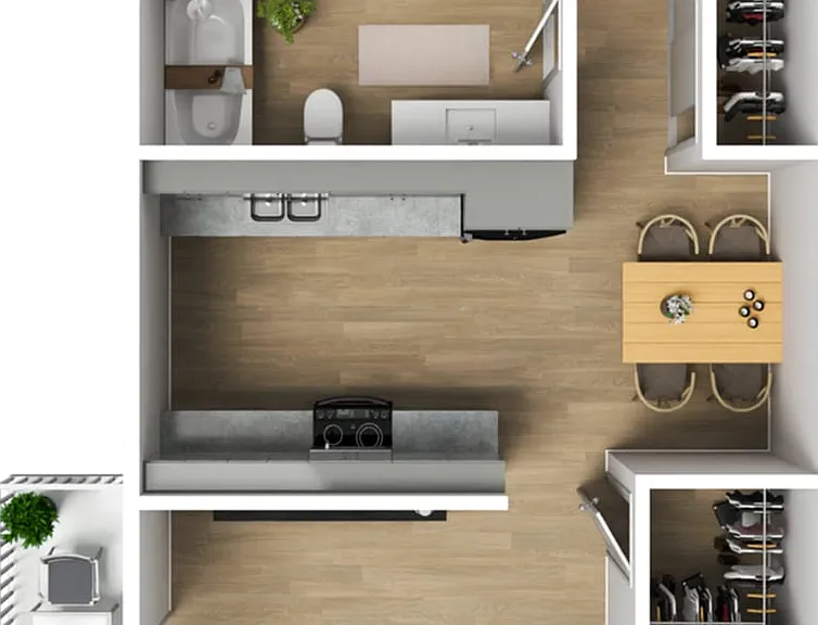 Modern 2D floor plan featuring a spacious bedroom, a contemporary kitchen with dining area, and a cozy living room, complemented by sleek wardrobes and a stylish bathroom. Modern 2D floor plan featuring a spacious bedroom, a contemporary kitchen with dini