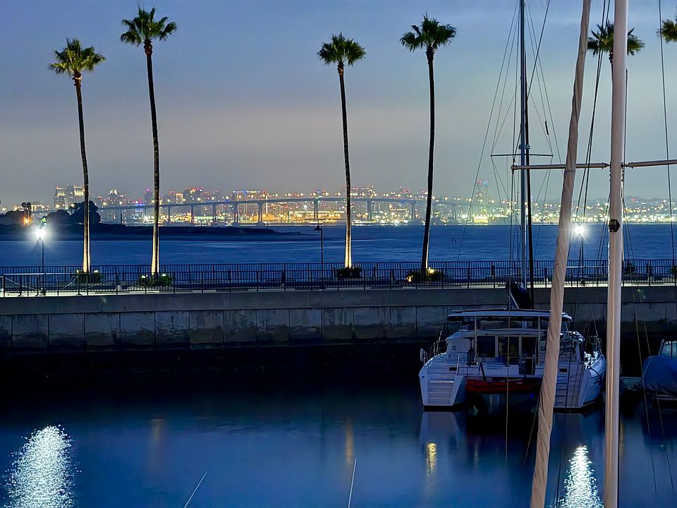 Evening view from lower deck off Living Room toward lights of Coronado Bridge and downtown San Diego.