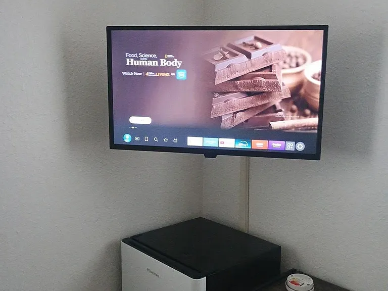 mini fridge, desk and chair.