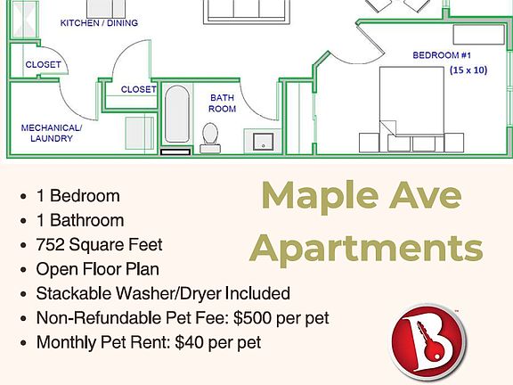 1 Bed/ 1 Bath 752sqft.