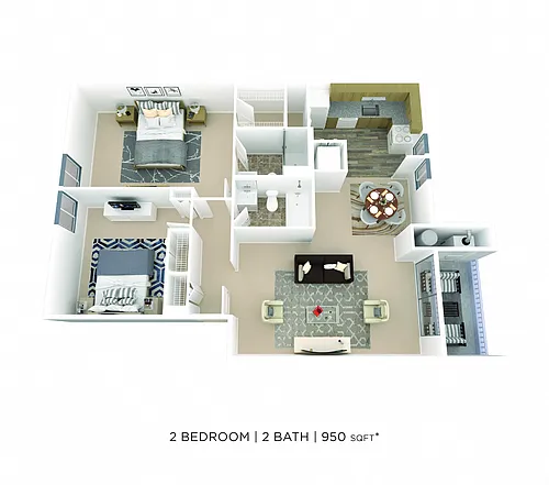 Floor plan Two Bedroom 2 Bath - 950 sqft