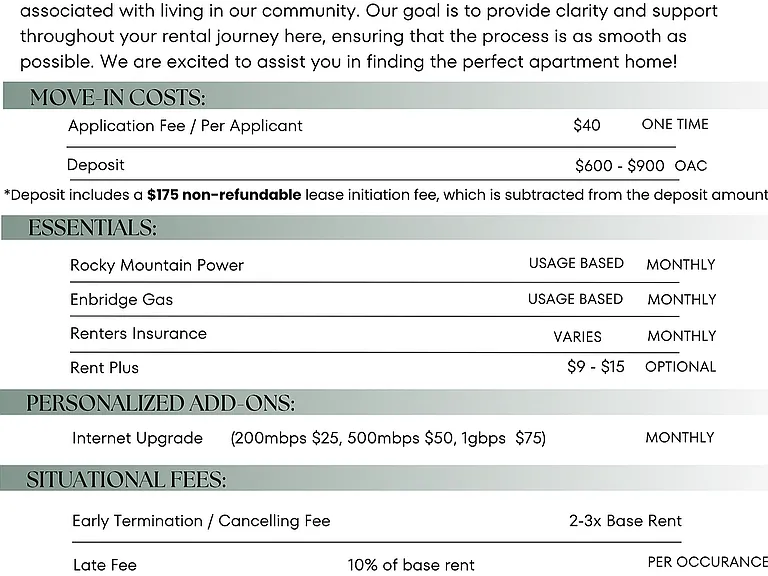 Wingpointe Fee Guide