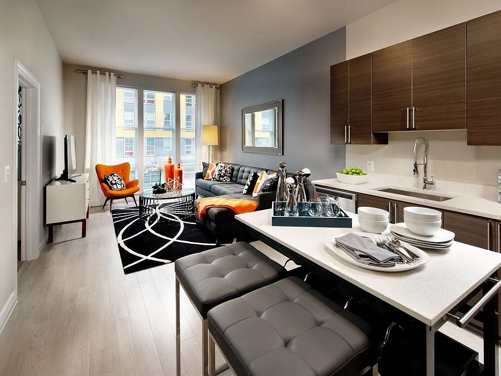 Living area and open concept kitchen with granite countertops and European-style cabinetry, stainless-steel appliances, movable kitchen island and hard surface flooring - Avalon Dunn Loring