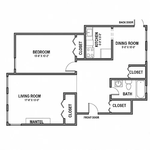 Floor plan 1 BR 1 Bath Units 20, 22, 24