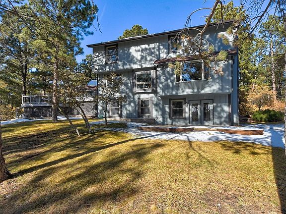 The back yard surrounded by mature pine trees