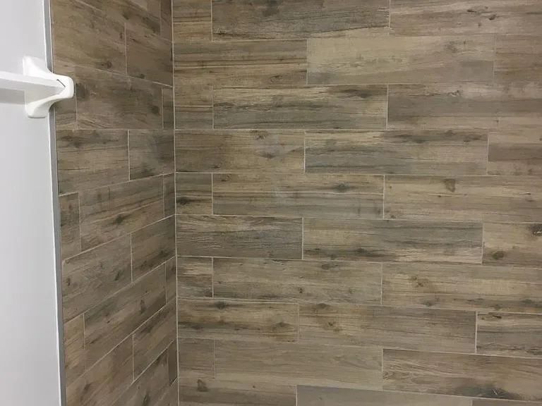 Bathroom wood look tile upgrade