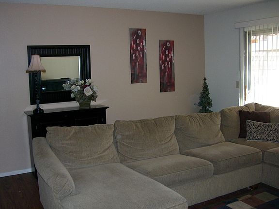 Fireplace in the living room & wood like floors.