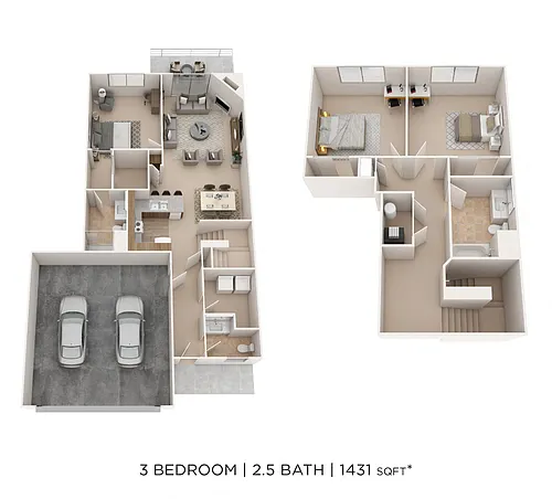 Floor plan Three Bedroom 2.5 Bath Townhome - 1,431 sqft