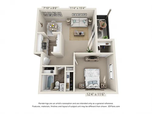 Floor plan 1 Bedroom, 1 Bath (Balconywith Dishwasher)