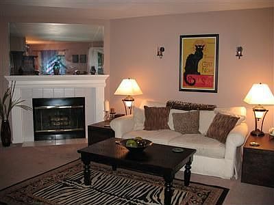 Side view of living room and view of fireplace