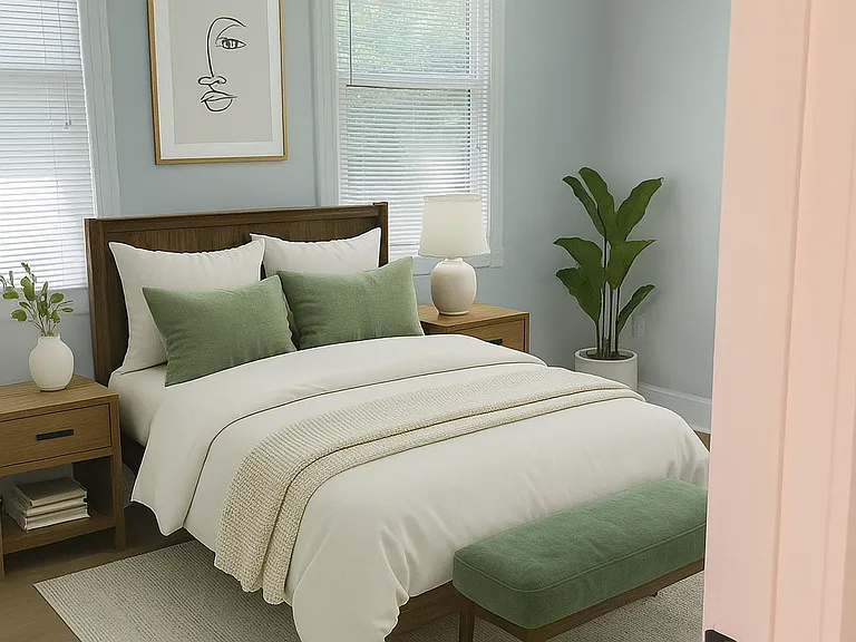 Digital rendering of the first bedroom on the left off the hallway.