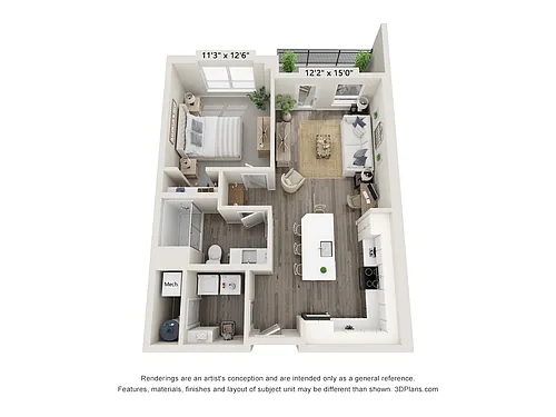 Floor plan 1 bedroom / 1 bath with shower