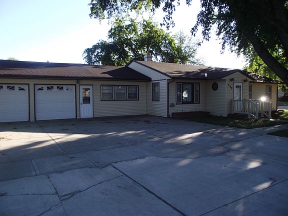 Garages and view from east