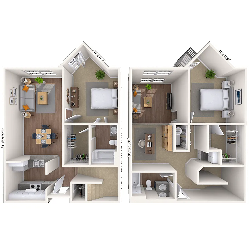 Floor plan Dual Level 2x2 1236 SF