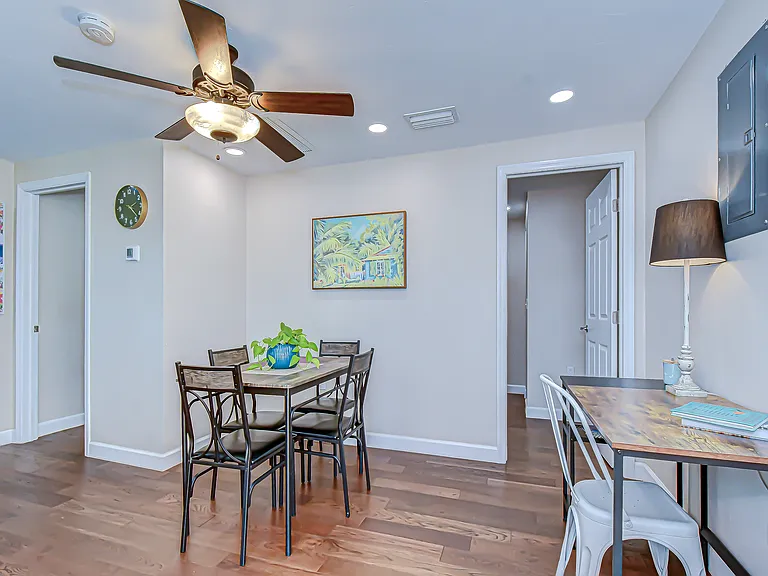 Dining room for four and private desk area