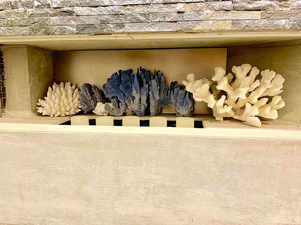 Collection of coral specimens and electronic candles.