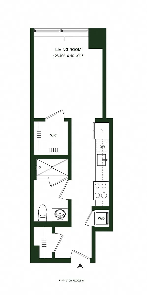 Floor plan Residence 04 - North: Studio 1BA (Floors 13-43 and