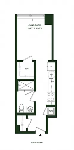 Floor plan Residence 04 - North: Studio 1BA (Floors 13-43 and